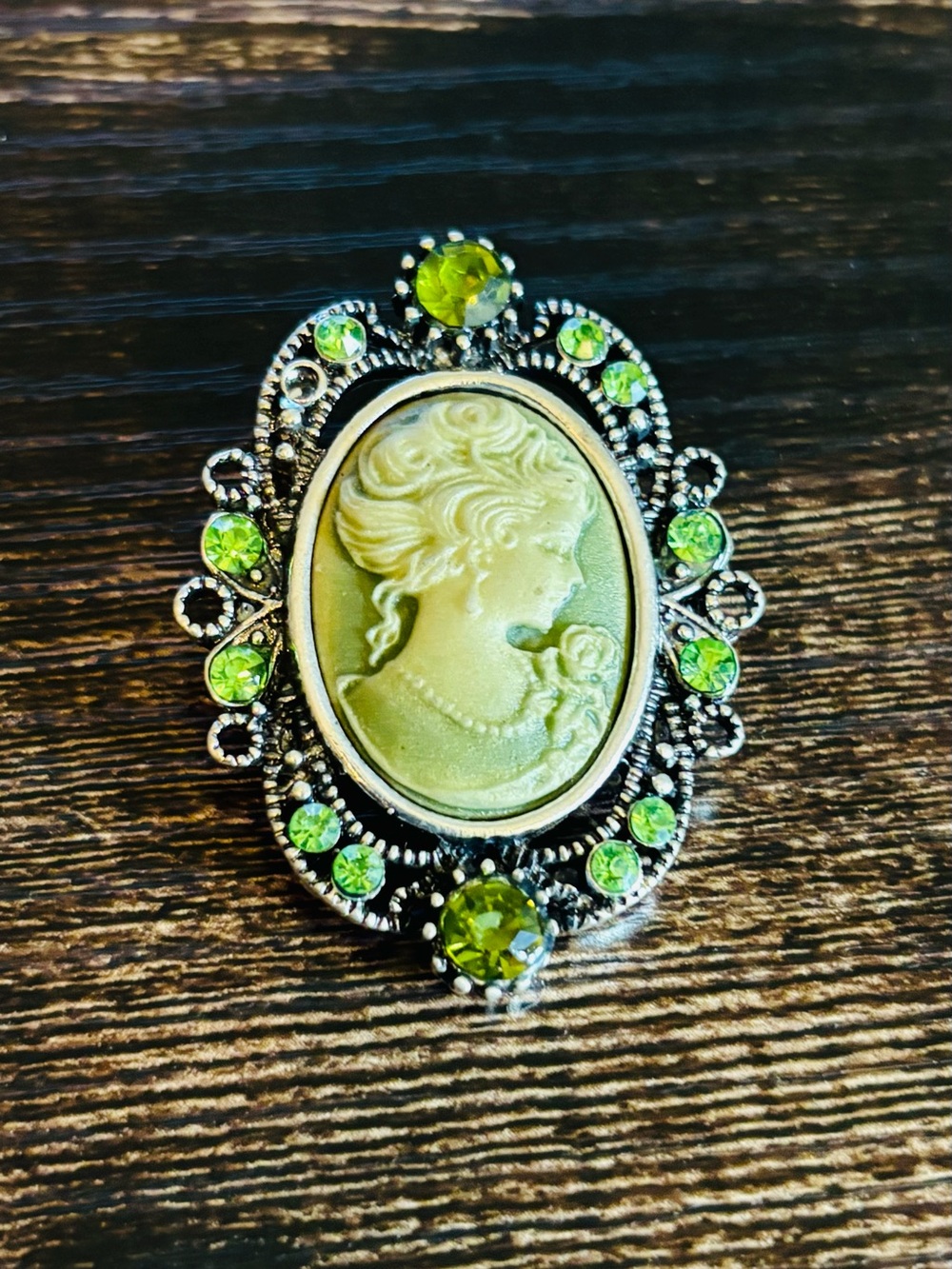 Small Green Cameo Brooch Pin with Sparkling Peridot Accents